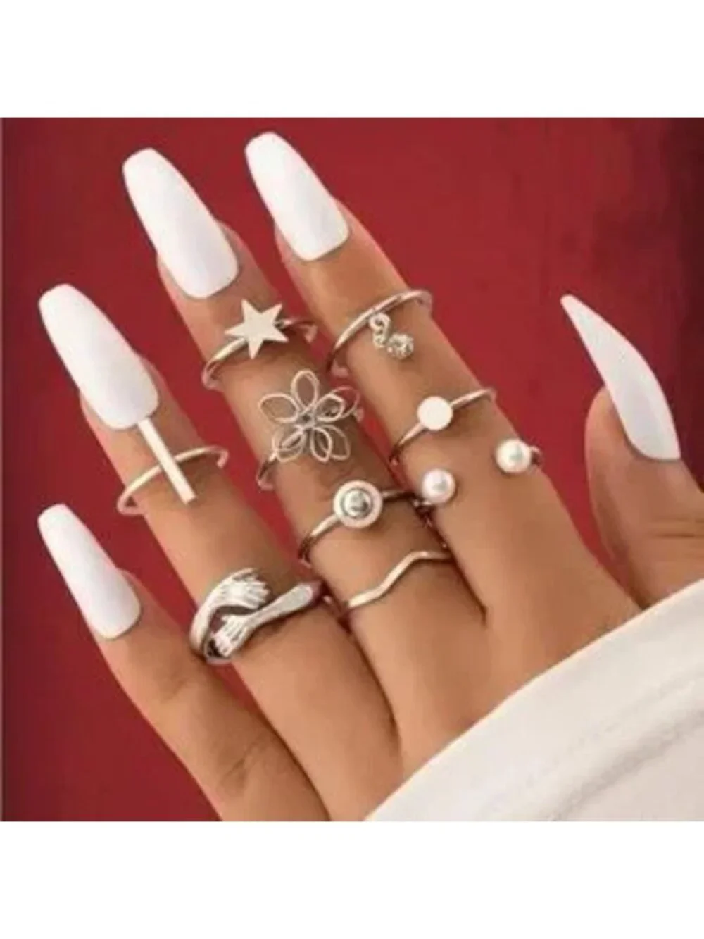 Silver Geometric 9pc Pearl Ring Set